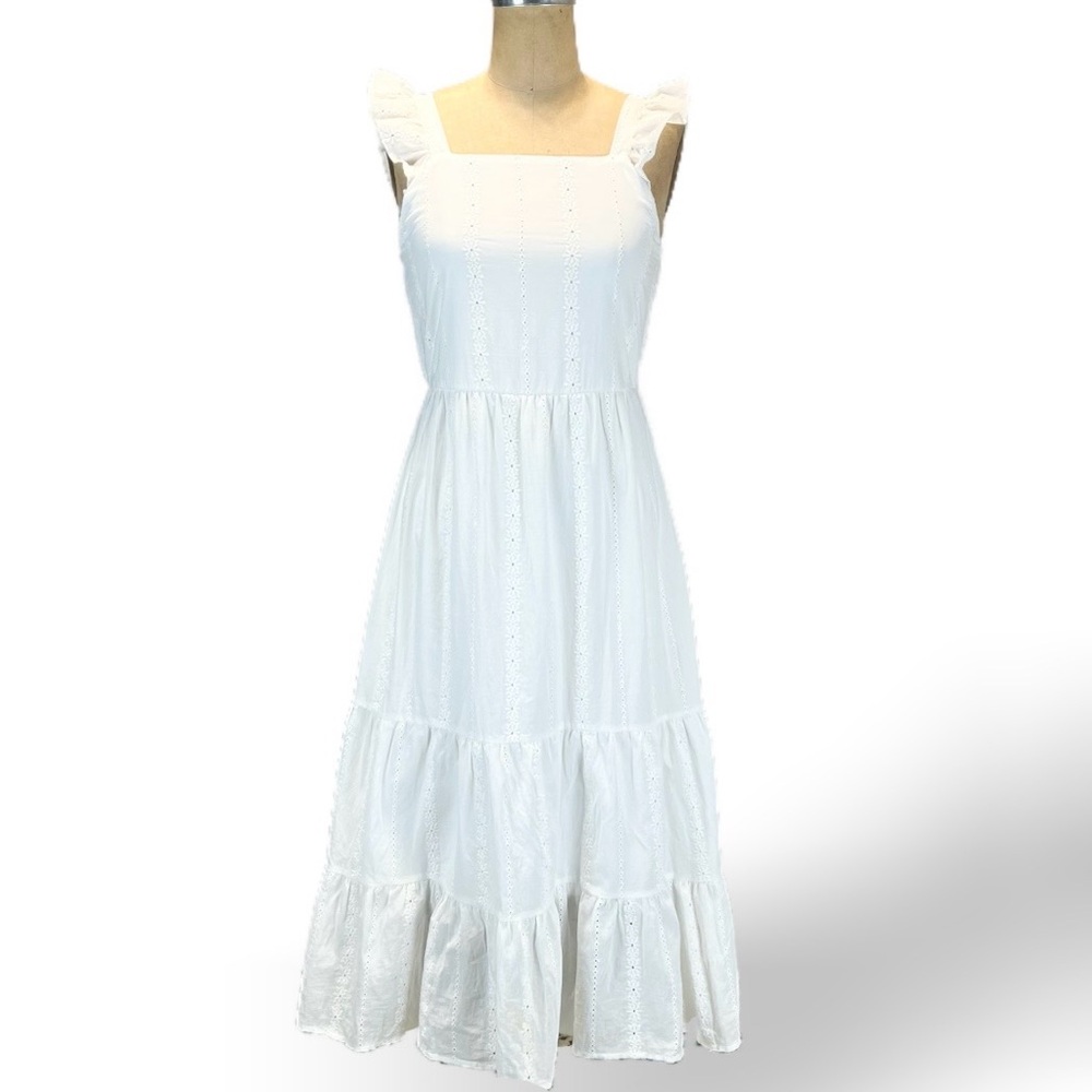 Eyelet lace prairie cottage sun dress tiered ruffle long maxi midi cotton white